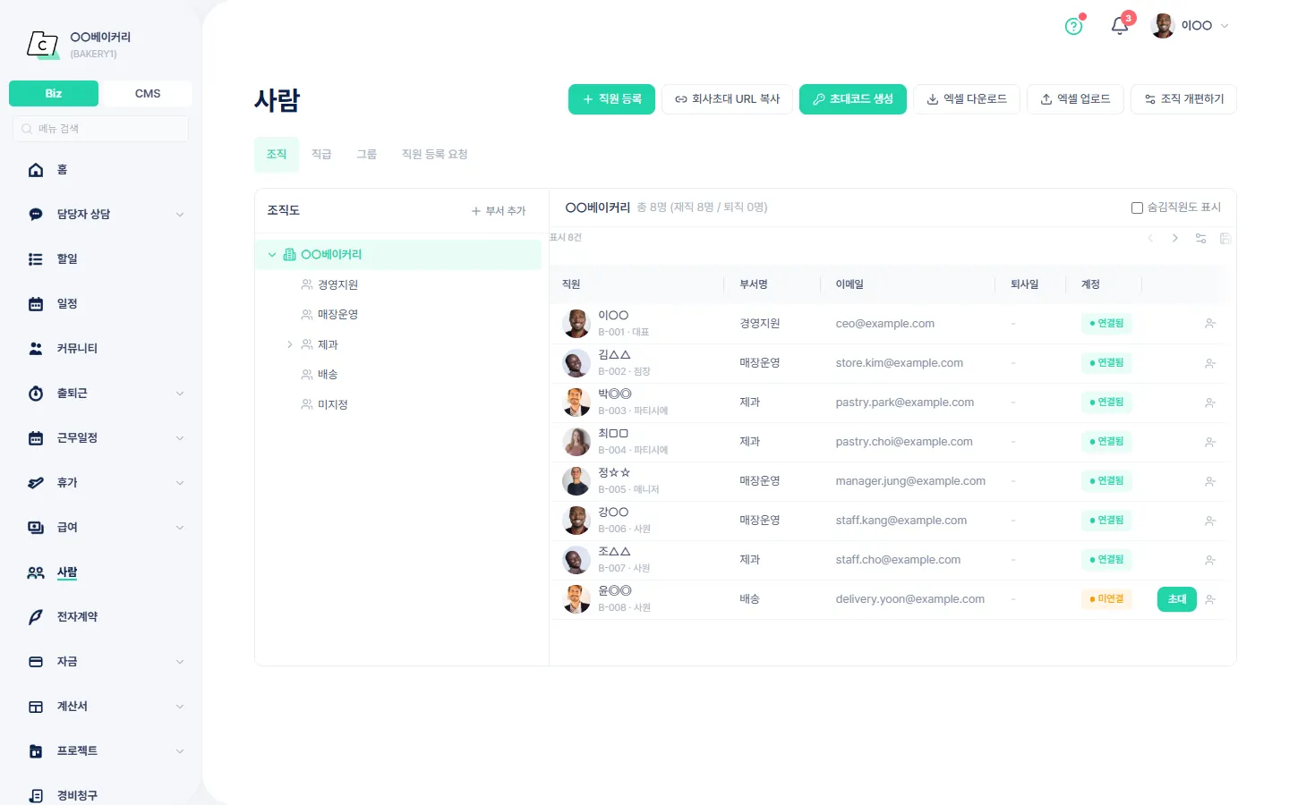 사람 — 부서별 직원과 계정 연결 상태를 보고 직원 등록 요청을 처리하는 화면