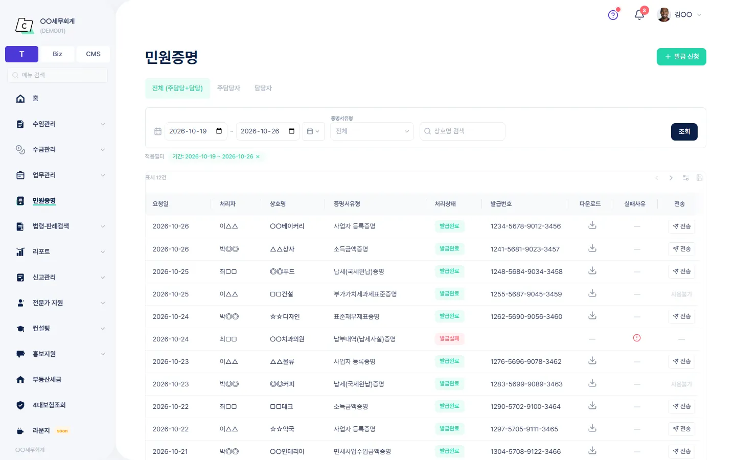 민원증명 — 증명서유형·처리상태와 다운로드·전송 열로 발급 신청 건을 보는 목록